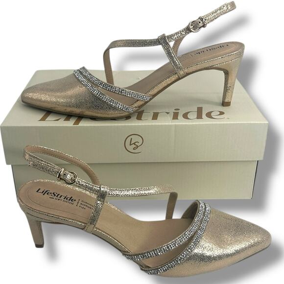 Lifestride Metallic Pointy Toe Heels 9.5 Rhinestone Buckle Arlo 2 Slingback Pump - Picture 2 of 11